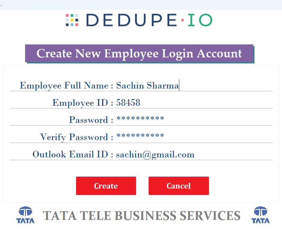 DEDUPE-IO Create Login Credentials - Self-service account creation