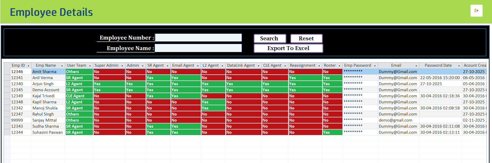 Employee Details Screen - Granular role and access permissions